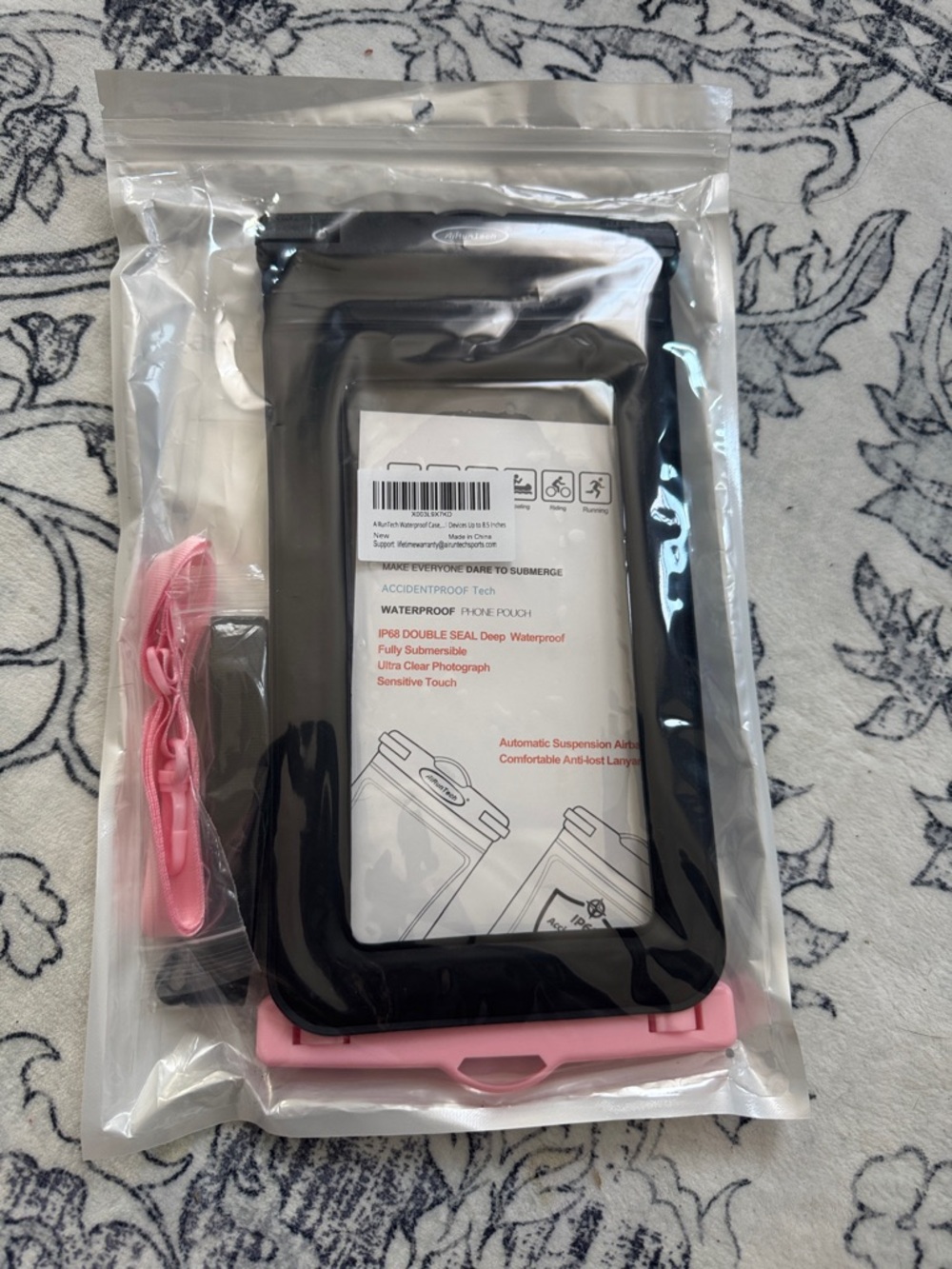 Waterproof Phone Pouch with Pink and Black Lanyard